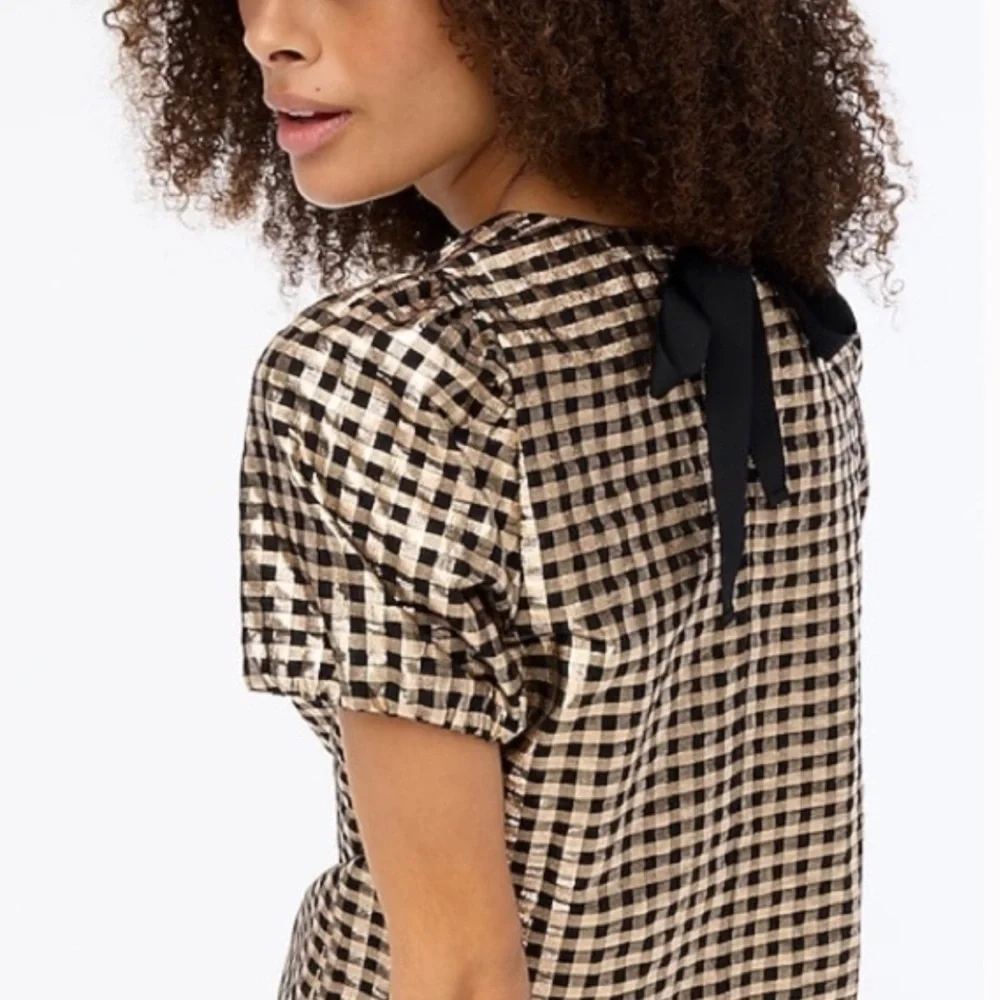 J. Crew Lurex Metallic Gold & Black Plaid Puff Sleeve Top, Size Medium, NWT - Picture 6 of 16